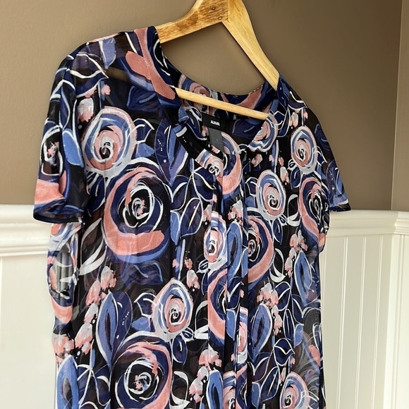 ALFANI Black Silk Abstract Floral Print Sheer Capped Sleeve Blouse Size 12 - Picture 3 of 7